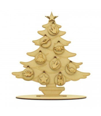 Laser Cut Christmas Tree in a stand with 3D Baubles and Dinosaur Themed Shapes - Stand Options